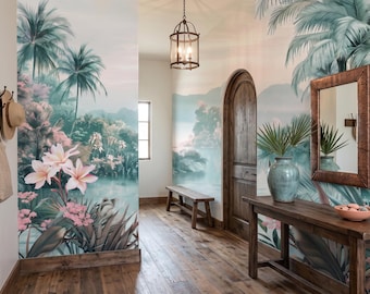 Pink Tropical Lagoon Wallpaper Mural, Pastel Jungle Landscape Wallpaper, Palm Tree Mural, Botanical Lake Wallpaper, Peel And Stick Wallpaper