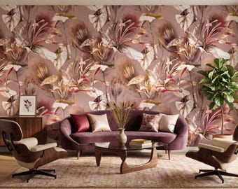 Pink Tropical Wallpaper, Botanical Wall Mural, Mauve Palm Leaf Wallpaper, Luxury Floral Wallpaper, Maximalist Living Room Decor