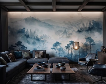 Misty Forest Wall Mural, Foggy Landscape Wallpaper, Blue Green Nature Decor, Living Room Bedroom Japandi Scandinavian Calm Wall Art