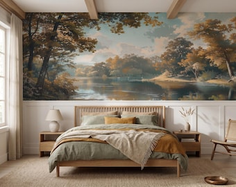 Golden Forest Wallpaper, Lake Landscape Wall Mural, Autumn Nature Wallpaper, Peel And Stick Wallpaper, Traditional Wallpaper