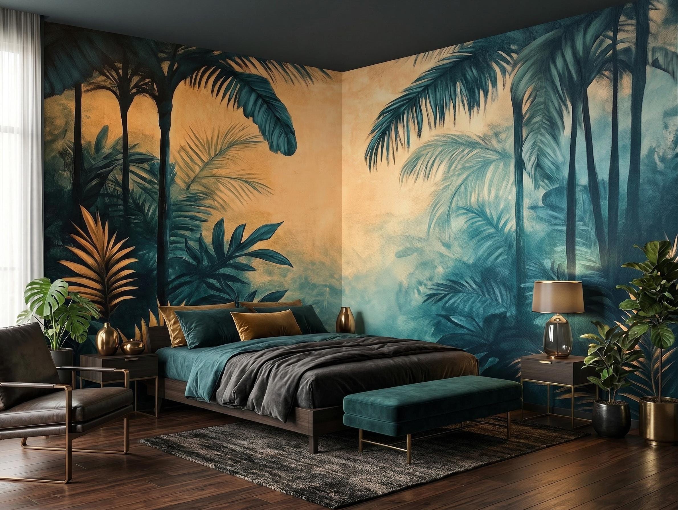 Dark Tropical Jungle Wallpaper Mural, Moody Palm Leaf Wall Decor, Teal ...