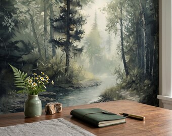 Dark Forest River Wallpaper, Misty Woodland Wall Mural, Moody Nature Wallpaper, Peel And Stick Wallpaper, Traditional Wallpaper