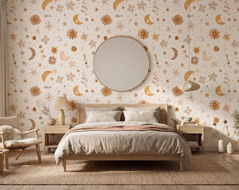 Boho Celestial Floral Wallpaper, Moon And Stars Pattern Wallpaper, Neutral Nursery Wallpaper, Beige Flower Mural, Peel And Stick Wallpaper