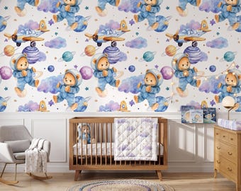 Space Bear Wallpaper, Watercolor Nursery Wallpaper, Teddy Bear Wall Mural, Airplane Wallpaper, Baby Boy Room Decor, Peel and Stick