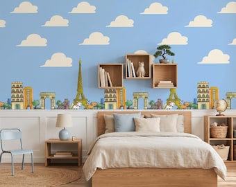 Paris Cat Wallpaper Border, Paris Skyline Kids Room Decor, Blue Cloud French Nursery Wallpaper, Kitten Wall Mural, Parisian Bedroom Decor