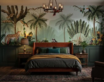 Jungle Animal Wallpaper Tropical Wall Mural Kids Room Safari Wall Decor Nursery Wall Art Palm Trees Parrot Monkey Leopard Nature