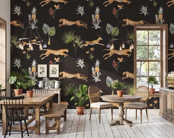 Safari Animal Wallpaper, Black Jungle Wall Mural, Cheetah Tropical Wallpaper, Peel and Stick Wallpaper, Maximalist Botanical Decor
