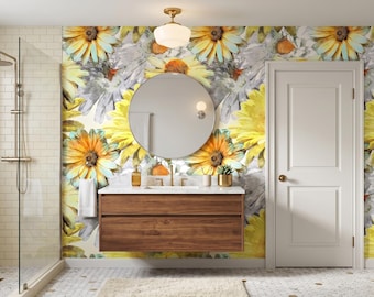 Sunflower Wallpaper, Watercolor Floral Wallpaper, Yellow Daisy Wall Mural, Cottagecore Bathroom Decor, Botanical Peel And Stick Wallpaper