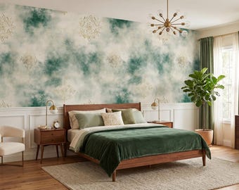 Green Watercolor Wallpaper, Sage Green Wall Mural, Boho Bedroom Wallpaper, Abstract Cloud Wallpaper, Gold Geometric Decor