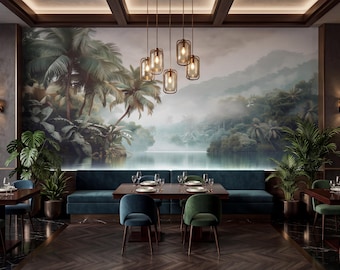Tropical Lagoon Wallpaper Mural, Misty Palm Tree Wallpaper, Jungle Lake Wall Mural, Tropical Landscape Wallpaper, Peel And Stick Wallpaper