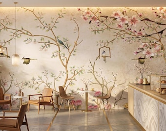 Cherry Blossom Wall Mural, Japanese Floral Wallpaper, Elegant Bird Wallpaper, Vintage Botanical Wall Decor, Peel And Stick Wall Mural