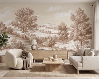 Neutral Toile Wall Mural, Beige Landscape Wall Mural, French Country Wallpaper, Vintage Pastoral Scenic Wall Decor, Peel and Stick Wallpaper