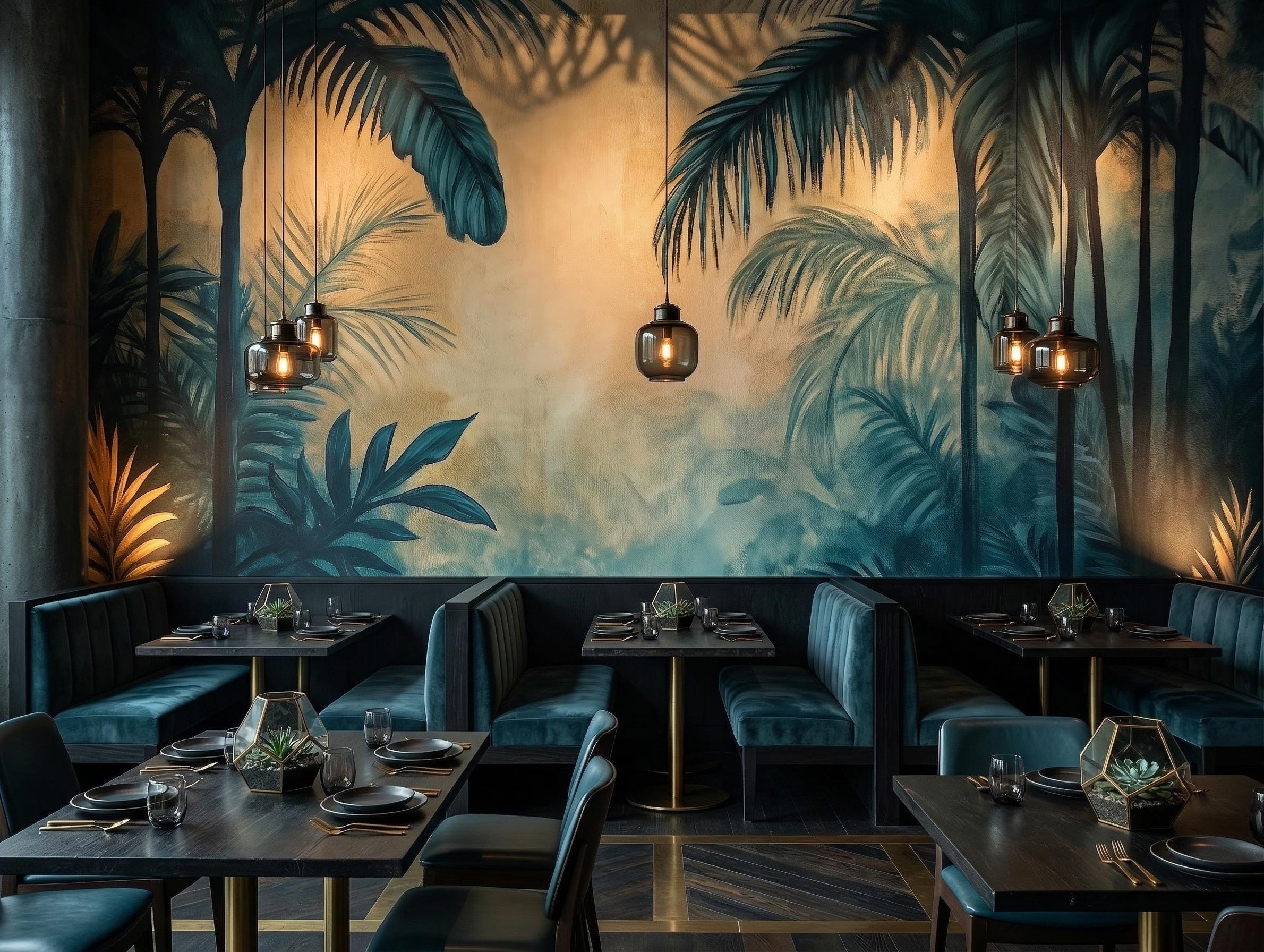 Dark Tropical Jungle Wallpaper Mural, Moody Palm Leaf Wall Decor, Teal ...