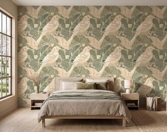 Neutral Bird Botanical Wallpaper Living Room Bedroom Nursery Wall Mural Beige Green Nature Wall Decor Vintage Style