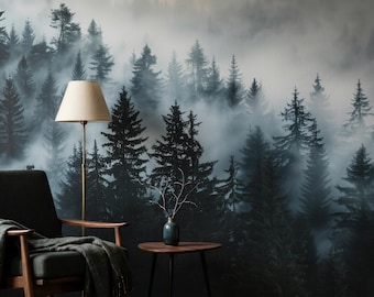 Dark Misty Forest Wallpaper, Moody Pine Tree Mural, Foggy Woodland Wallpaper, Peel And Stick Wallpaper, Traditional Living Room Wallpaper