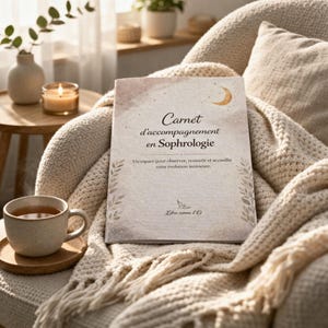 Peut inclure: Un journal intitulé "Carnet d'accompagnement en Sophrologie" est posé sur une couverture crème. Une tasse de thé est posée sur un dessous de verre en bois. La scène comprend une bougie allumée et un vase avec de la verdure.