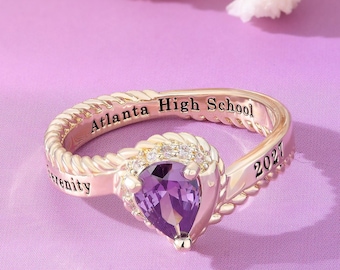 Custom Graduation Birthstone Ring, Personalized Class Ring for Women, High School Jewelry, Engraved Senior Keepsake Gift – Lumina Series