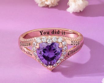 Personalized Birthstone Senior Class Ring, High School Graduation Ring, Engraved College Sorority Keepsake Jewelry – Aurelia Heart Series