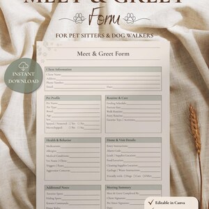 Könnte beinhalten: Ein druckbares Meet & Greet Formular für Tiersitter und Hundegänger. Das Formular enthält Abschnitte für Kundeninformationen, Tierprofil, Routine und Pflege, Gesundheit und Verhalten, Haus- und Besuchsdetails, zusätzliche Notizen und eine Zusammenfassung des Treffens. Das Formular ist in Canva, US Letter & A4, digitaler Download und druckbar.