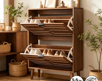 Zapatero de entrada de madera maciza, organizador estrecho y delgado para pasillos y espacios pequeños.