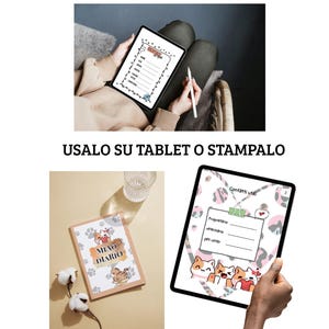 Può includere: Un diario digitale per gatti con il testo "MIAO DIARIO" e "13 PAGINE DEDICATE AL TUO MICIO". L'immagine mostra un tablet e un quaderno stampato con illustrazioni a tema gatto e spazio per informazioni sugli animali domestici. Sono visibili anche i testi "PDF COMPILABILE" e "USALO SU TABLET O STAMPALO".