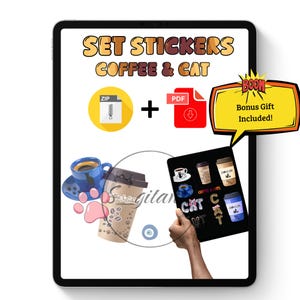 Stickers Digitali Coffee & Cat - Set Adesivi Gatti e Caffè per GoodNotes, Planner e Diario - Include  Omaggio  - Download Istantaneo