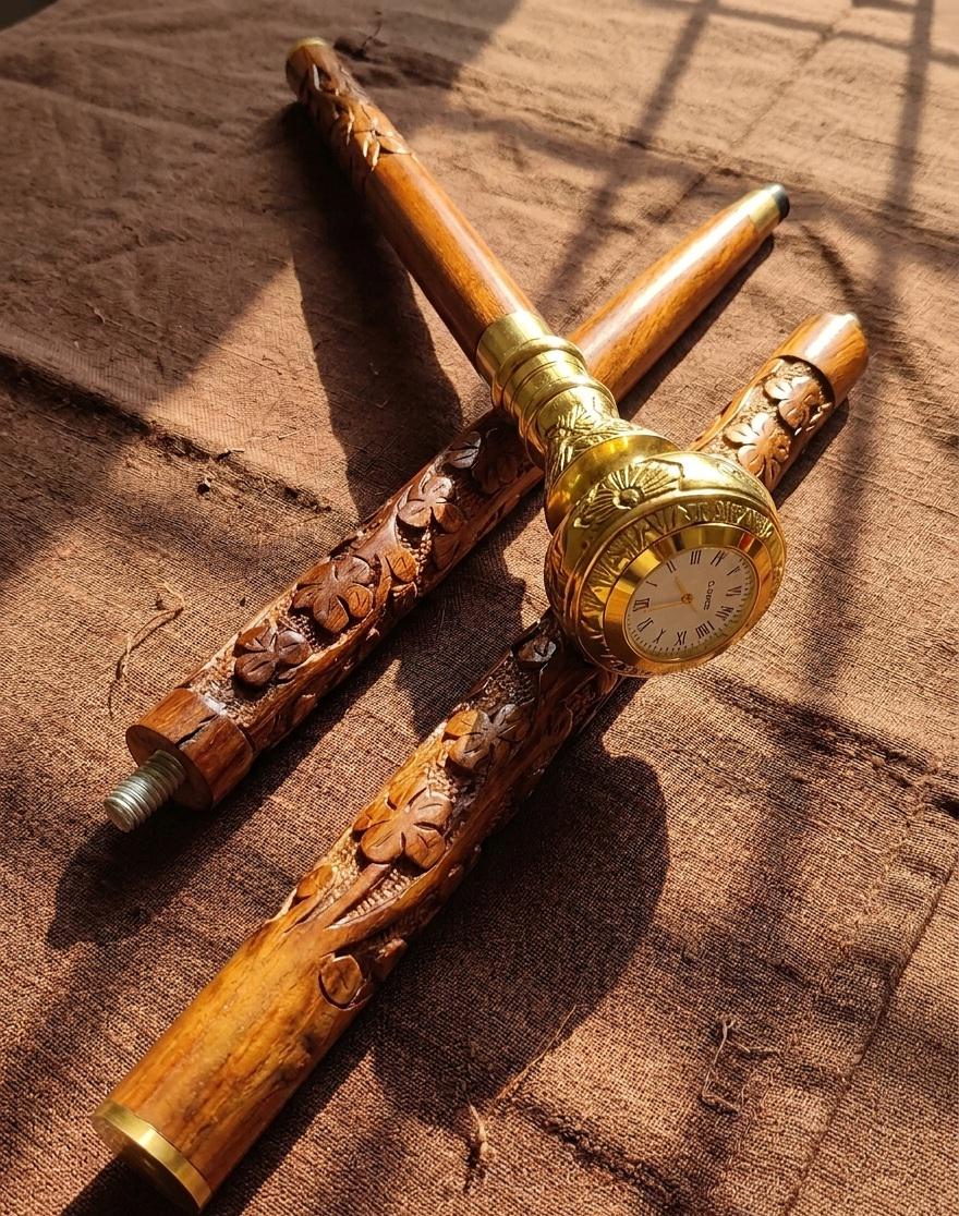Personalised Vintage Wooden Walking Cane With Clock Handle – Floral ...