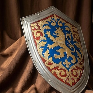 May include: A medieval shield with a silver border and rivets. The shield features a blue center with a gold lion and fleur-de-lis design, surrounded by red and gold ornate patterns. The shield is likely made of metal.
