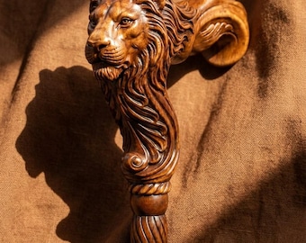 Handgesneden wandelstok leeuwenkop, houten wandelstok voor mannen, aangepast dierenhandvat, vintage stijl mobiliteitshulpmiddel, cadeau-idee opa