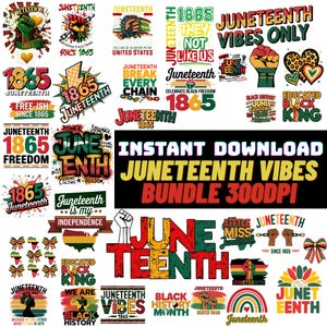 Könnte beinhalten: Eine Sammlung von Grafiken zum Thema Juneteenth mit verschiedenen Designs. Die Bilder zeigen Fäuste, Ketten, Karten und Texte wie "Juneteenth Vibes", "1865" und "Black History Month". Die Farbpalette umfasst Rot, Gelb, Grün und Schwarz.