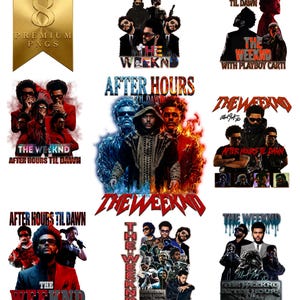 May include: A digital collection of eight graphic designs featuring The Weeknd with the text After Hours Til Dawn. The images display various portraits of the artist in different outfits, surrounded by fire, smoke, and stylized lettering effects.