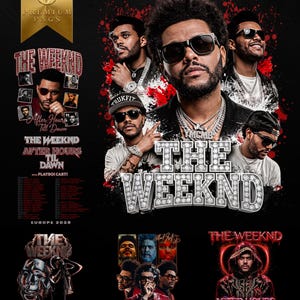 May include: A digital graphic collection featuring multiple portraits of The Weeknd, including images with sunglasses and chains, alongside the text "THE WEEKND" and "AFTER HOURS TIL DAWN" in various styles, with red paint splatter accents on a black background.