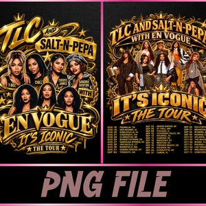 Może przedstawiać: Cyfrowy projekt graficzny ze złotym tekstem i ozdobnymi zawijasami na czarnym tle. Tekst brzmi TLC AND SALT-N-PEPA WITH EN VOGUE IT'S ICONIC THE TOUR, zawiera listę dat i miejsc trasy koncertowej oraz portrety artystów.