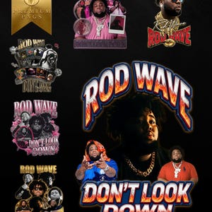 May include: A digital collection of six graphic designs featuring the artist Rod Wave. Each design incorporates the text Rod Wave and Don't Look Down, showcasing various photographic portraits of the artist, flame-themed typography, and stars.