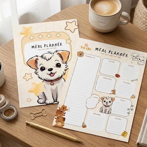 Może przedstawiać: Dwa planery posiłków z motywem psów z tekstem "Meal Planner" i "Feel Your Woof Your Welly". Jeden planer zawiera ilustrację psa z kreskówki. Drugi planer ma tygodniowy harmonogram z ikonami psów.