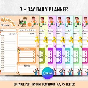 Könnte beinhalten: Eine Reihe farbenfroher 7-Tage-Tagesplaner mit Cartoon-Motiven. Jeder Planer hat ein anderes Farbschema und enthält Abschnitte für Zeitplanung, Ziele und Notizen. Oben im Bild steht "7 - DAY DAILY PLANNER".