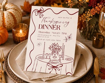 Elegant Thanksgiving Dinner Invitation, Minimal Burgundy Fall Party Flyer (Digital Download)
