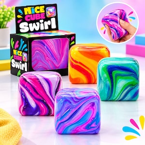 May include: A black product box labeled Nice Cube Swirl with four squishy cubes featuring marbled patterns in pink, purple, orange, red, blue, green, and yellow. One cube is inside the box, while three others are displayed in front of it.