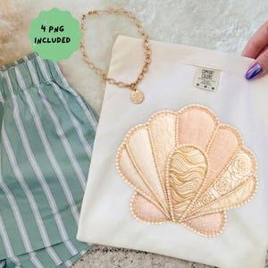 May include: A white Comfort Colors t-shirt with a seashell design in shades of beige and pink. A gold necklace and green and white striped shorts are also visible. The image includes a green circle with the text "4 PNG INCLUDED".