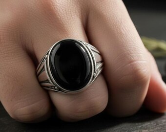 Anillo de sello de plata de ley 925 con ónix negro, diseño geométrico llamativo, estilo gótico, regalo para hombre.