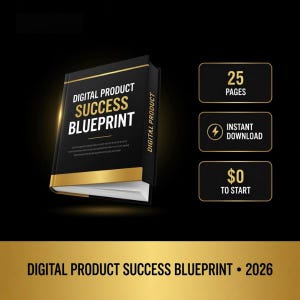 May include: A black book titled Digital Product Success Blueprint with gold accents. To the right, three rectangular boxes display 25 Pages, Instant Download, and $0 To Start. The bottom text reads Digital Product Success Blueprint 2026.