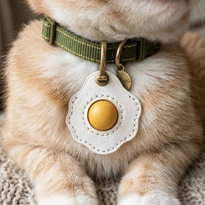 May include: An olive green nylon pet collar featuring a white and yellow fried egg-shaped leather tag with visible stitching. A small brass-toned metal charm with the text MAG is attached to the collar ring next to the egg-shaped tag.