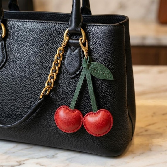 Handmade Leather Cherry Bag Charm, Vegetable Tanned Leather Keychain, Cute Fruit Purse Accessory, Luxury Leather Tote Charm,Cottagecore Gift