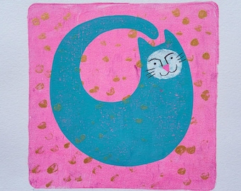 Turquoise cat on pink rug, unframed original gelli plate print artwork, for kids room, cat lover, nursery, kids, animal art, gallery wall