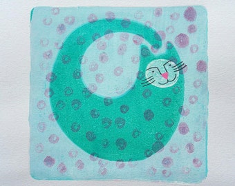 Handmade original cute cat print, A4 monoprint using gelli pad, unframed, signed, gift for cat owner, gallery wall artwork, turquoise pink
