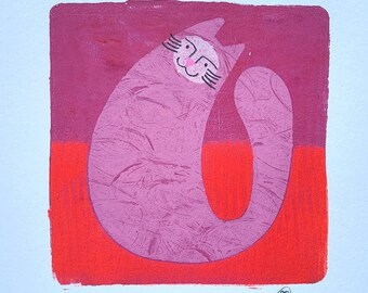 Handmade original cat monoprint, original unframed artwork. Simple print in pinks and bright red. Cat print for home decor. Gallery wall art