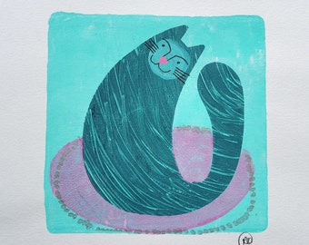 Handmade grey cat original print, unframed, one off, signed, monoprint, cat owner, ready to frame, A4 print, cute cat, gallery wall