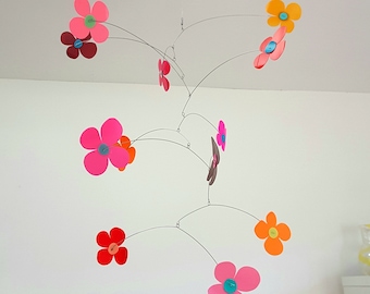 Pink Flower mobile, pink red orange, retro style flowers, 1970s inspired, bright home decoration, kinetic mobile handmade by Becky Crawford