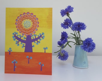 Blank greetings card 123, abstract flower card, for birthday or any occasion. From an original collage by Becky Crawford from Spacefruit