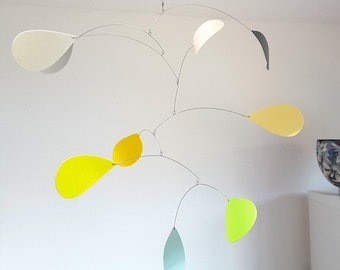 Modern kinetic hanging mobile, sustainable home decor, green yellow grey, upcycled plastic mobile handmade by Becky Crawford from Spacefruit